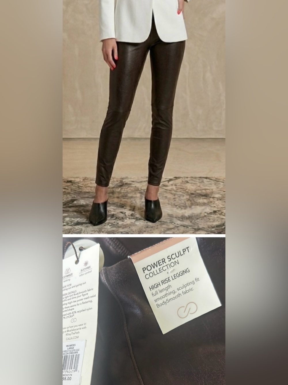 Calia Power Sculpt High Rise Leggings Cocoa Brown Faux Leather Look NWT Large